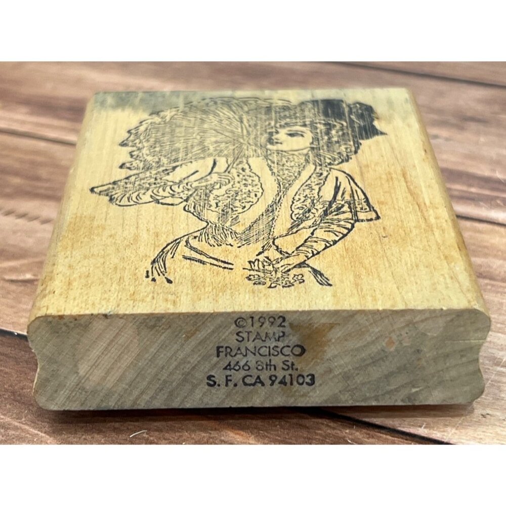 1992 STAMP FRANCISCO WOOD RUBBER STAMP ELEGANT PARIS LADY N TOP HAT W/ UMBRELLA - Picture 4 of 6